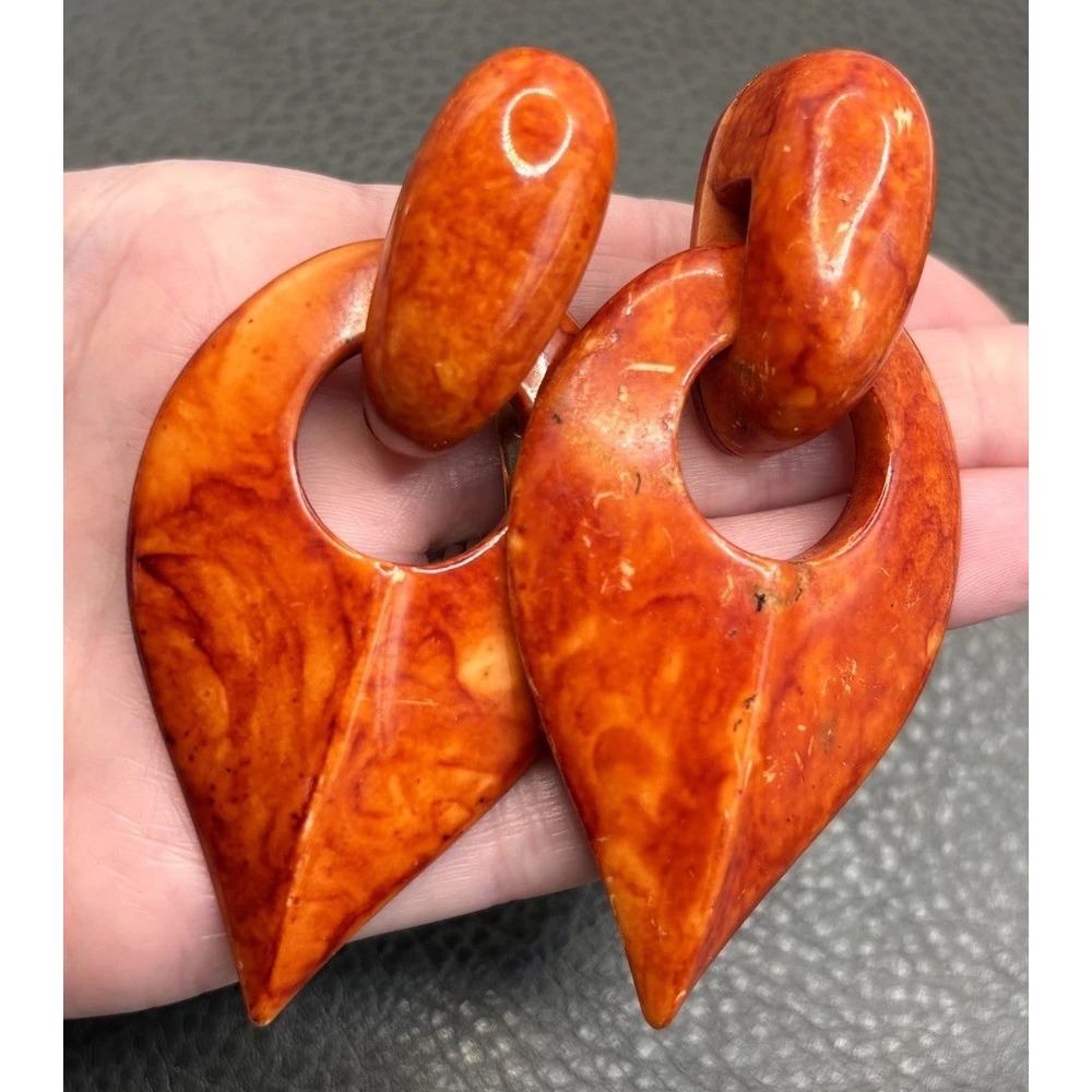 VTG 80s Massive Door Knocker Marbled Orange Statement Runway Earrings Clip On